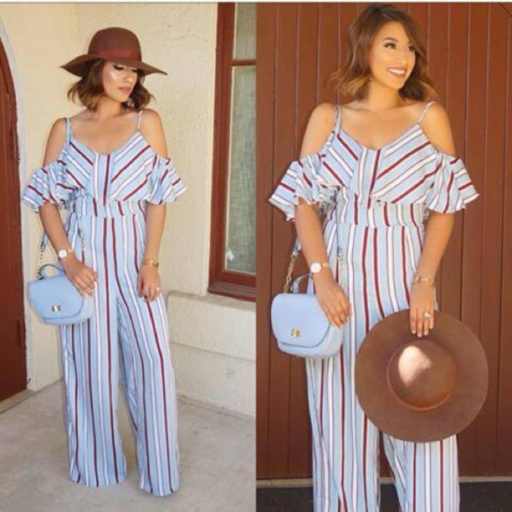 Promesa Blue and White Striped Cold Shoulder Jumpsuit
